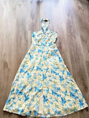hutch wally cream & blue flower print halter button detail midi sun dress small